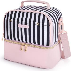 TOURIT Lunch Bag Women Double Deck Lunch Box Insulated Lunch Cooler for Women Men Work, Pink(02-Pink Stripes)