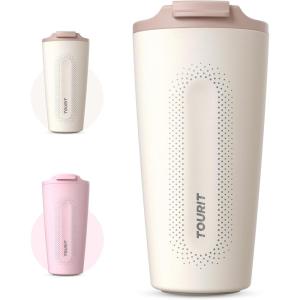 TOURIT Travel Coffee Mug 16 oz, Insulated Coffee Cups with Flip Lid, Stainless Steel Double Wall Vacuum Tumbler, Leak Proof Reusable To Go Portable Mug, Pink(Cream)