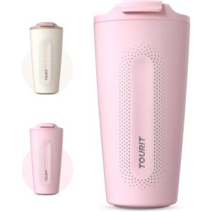 TOURIT Travel Coffee Mug 16 oz, Insulated Coffee Cups with Flip Lid, Stainless Steel Double Wall Vacuum Tumbler, Leak Proof Reusable To Go Portable Mug, Pink(Pink)