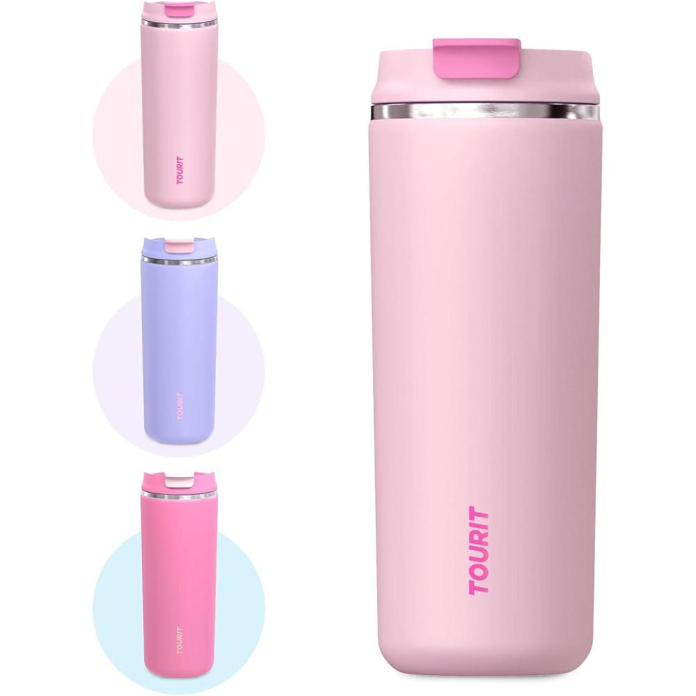 imageTOURIT 16 oz Insulated Stainless Steel Travel Mug with Lid LeakProof DoubleWall Vacuum Tumbler Reusable Coffee Cup  PinkPink