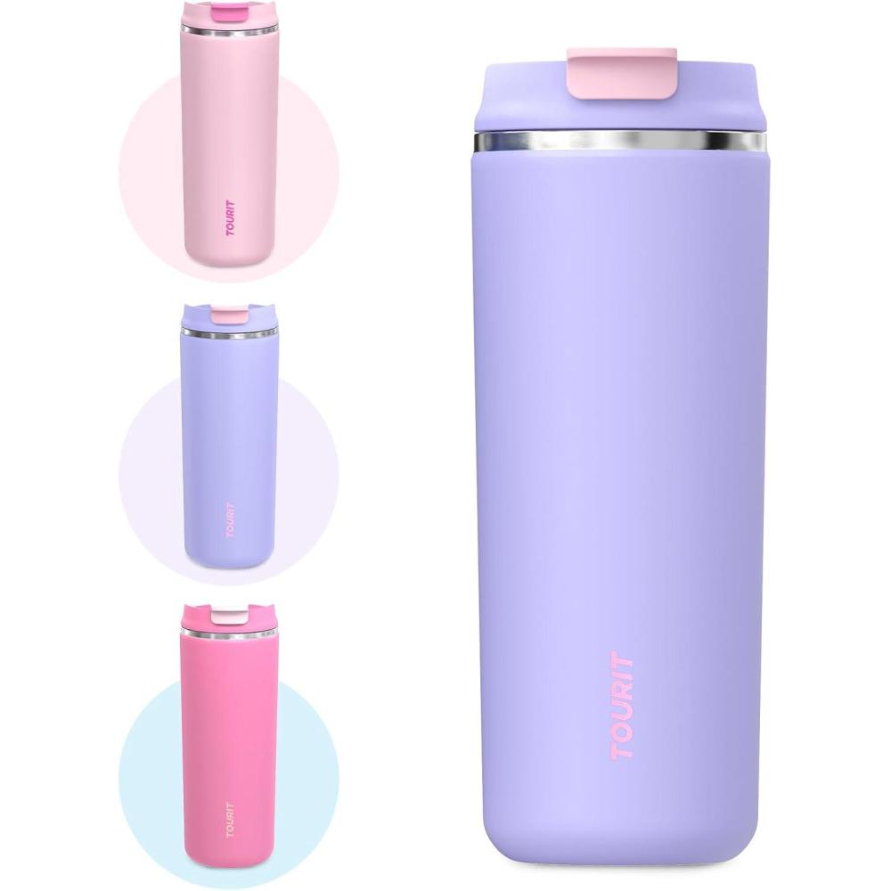 imageTOURIT 16 oz Insulated Stainless Steel Travel Mug with Lid LeakProof DoubleWall Vacuum Tumbler Reusable Coffee Cup  PinkPurple