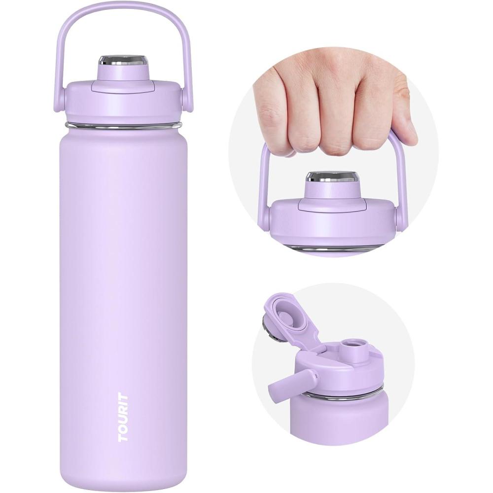 imageTOURIT 24 oz Insulated Water Bottle Stainless Steel Sports Water Bottles With Top Handle DoubleWall Travel Thermal Water Flask BPA Free Leakproof Water Bottle for Sports Glacial WhiteLilac Purple