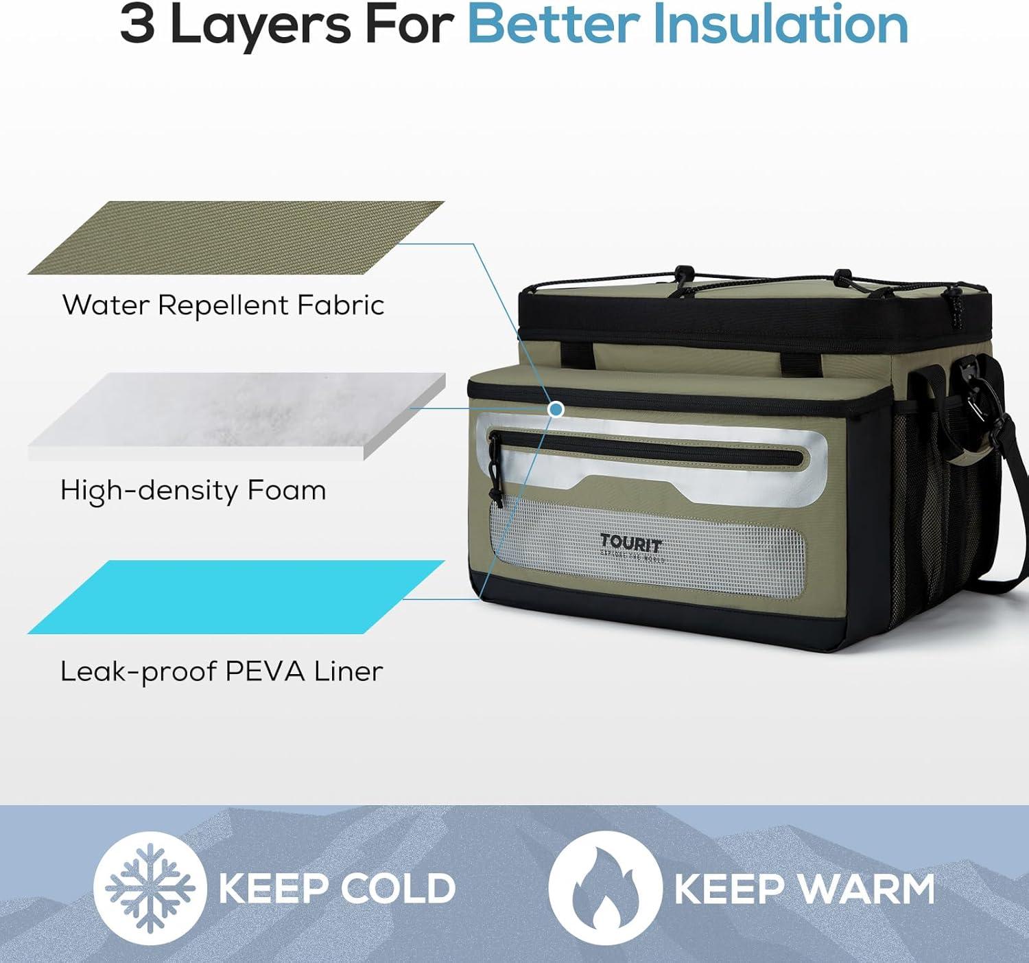 imageTOURIT Soft Cooler Bag 52 Can Large Collapsible Soft Sided Cooler 39 L Beach Portable Cooler Ice Chest Insulated for Picnic Beach Khaki