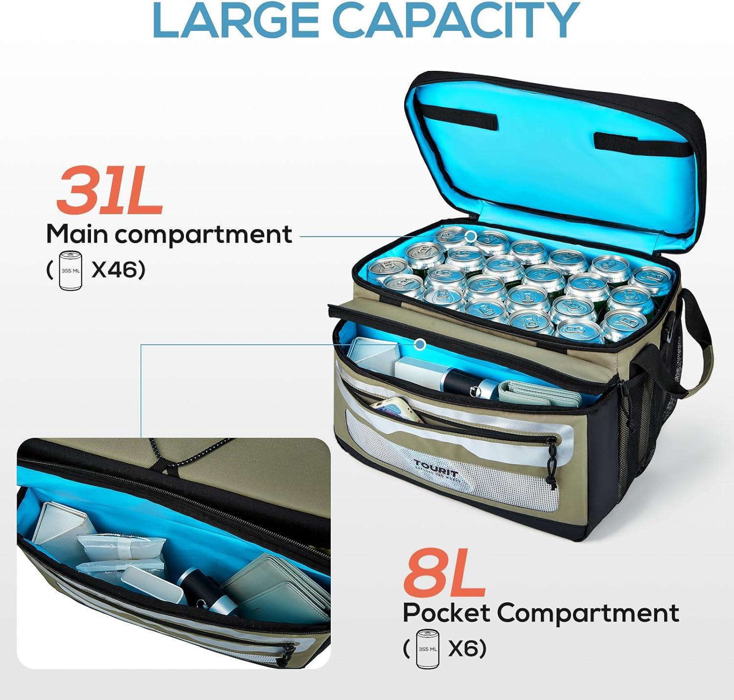 imageTOURIT Soft Cooler Bag 52 Can Large Collapsible Soft Sided Cooler 39 L Beach Portable Cooler Ice Chest Insulated for Picnic Beach Khaki