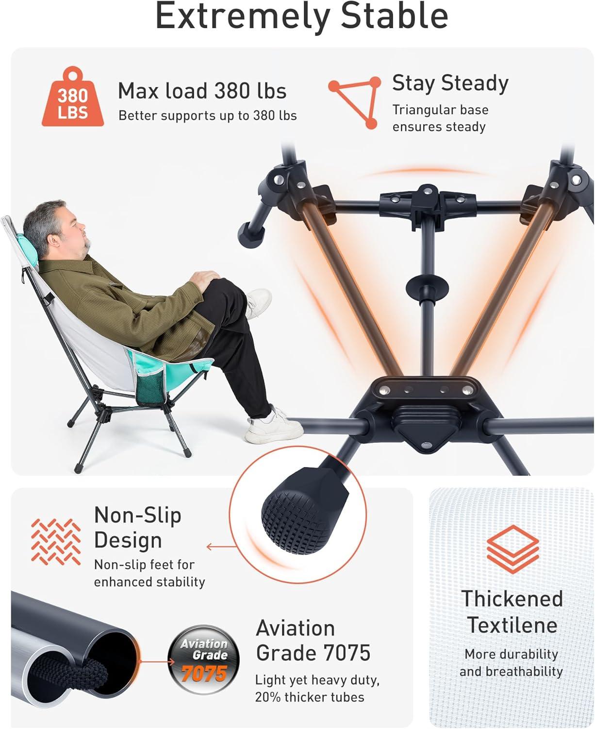 imageTOURIT Portable Folding Camping Backpack Chair with Head Support High Back Stable Compact Outdoor Chair for Beach Picnic Travel Hiking Supports 380 Lbs GreenCgreen