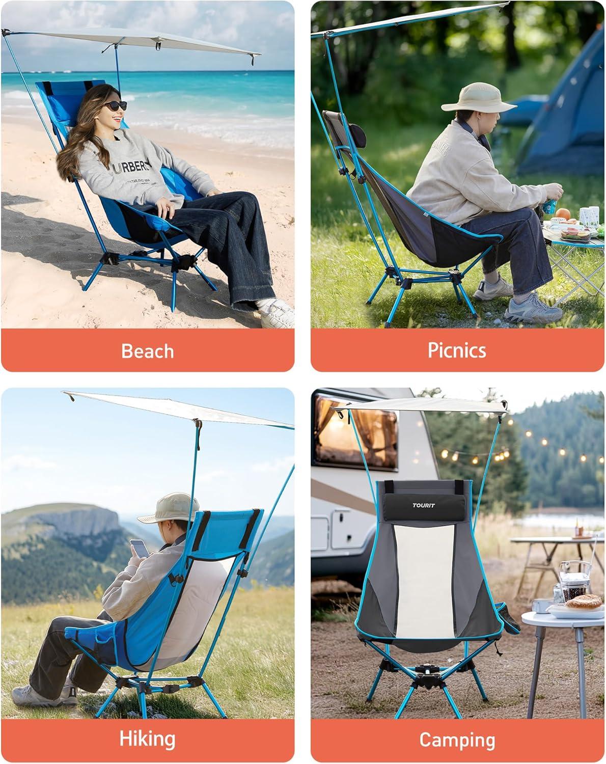 imageTOURIT Portable Folding Camping Backpack Chair with Head Support High Back Stable Compact Outdoor Chair for Beach Picnic Travel Hiking Supports 380 Lbs GreenDblueshade Canopy