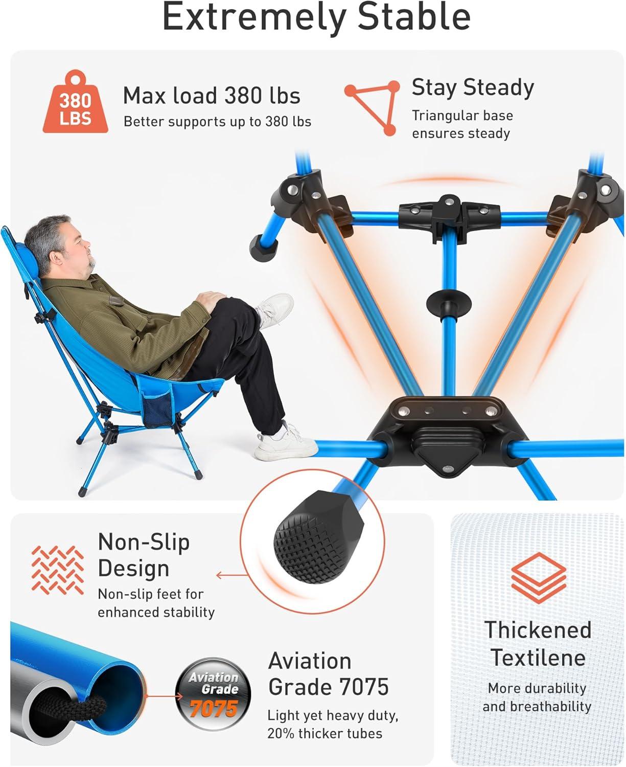 imageTOURIT Portable Folding Camping Backpack Chair with Head Support High Back Stable Compact Outdoor Chair for Beach Picnic Travel Hiking Supports 380 Lbs GreenFblue2 Pack