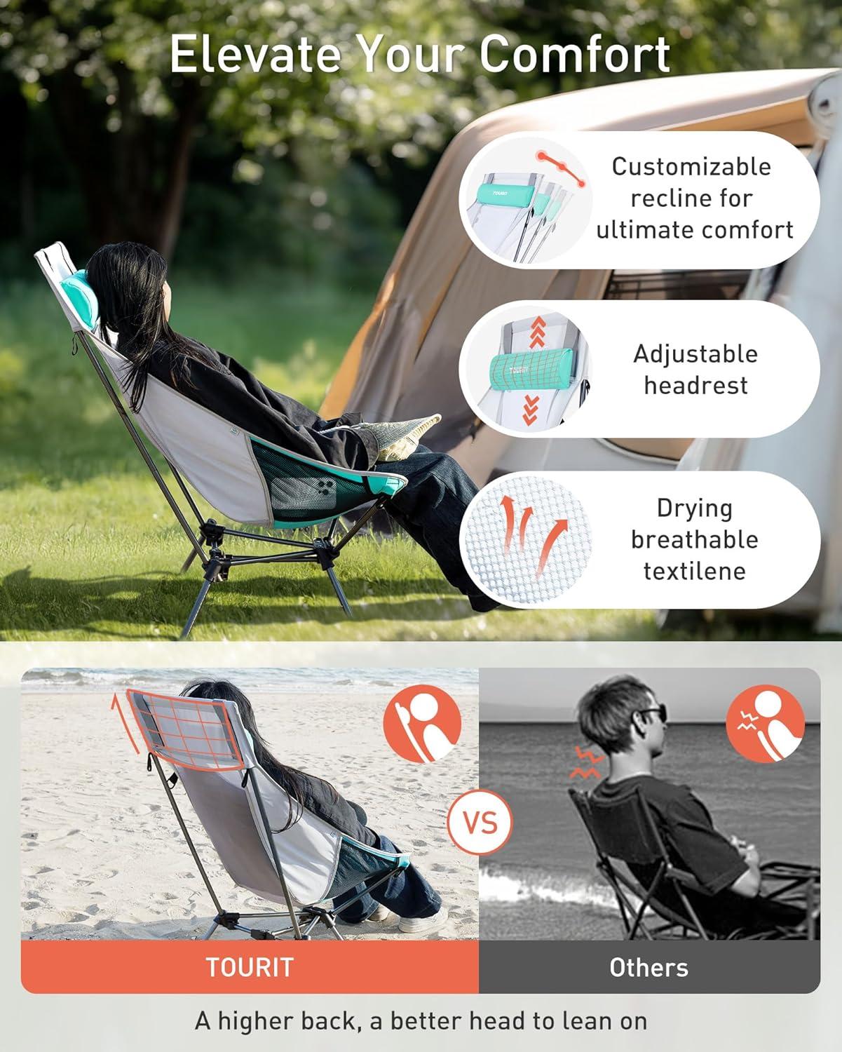 imageTOURIT Portable Folding Camping Backpack Chair with Head Support High Back Stable Compact Outdoor Chair for Beach Picnic Travel Hiking Supports 380 Lbs GreenCgreen