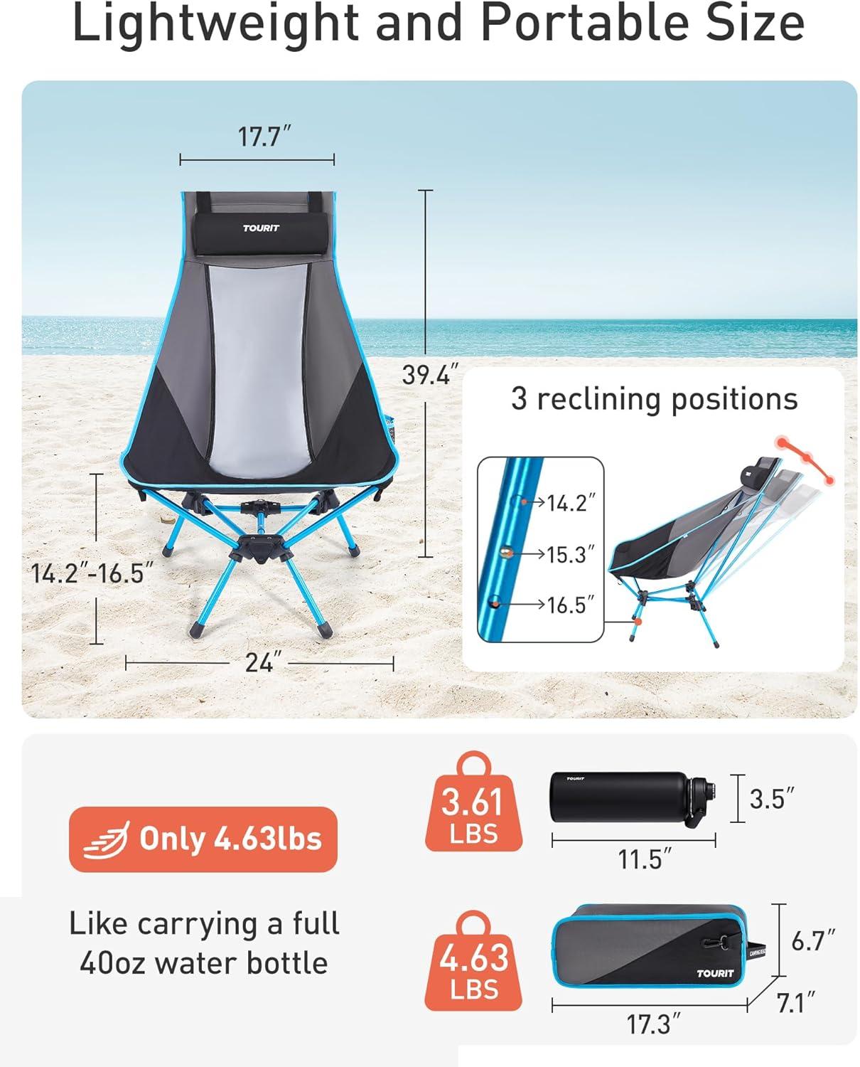 imageTOURIT Portable Folding Camping Backpack Chair with Head Support High Back Stable Compact Outdoor Chair for Beach Picnic Travel Hiking Supports 380 Lbs GreenBblack