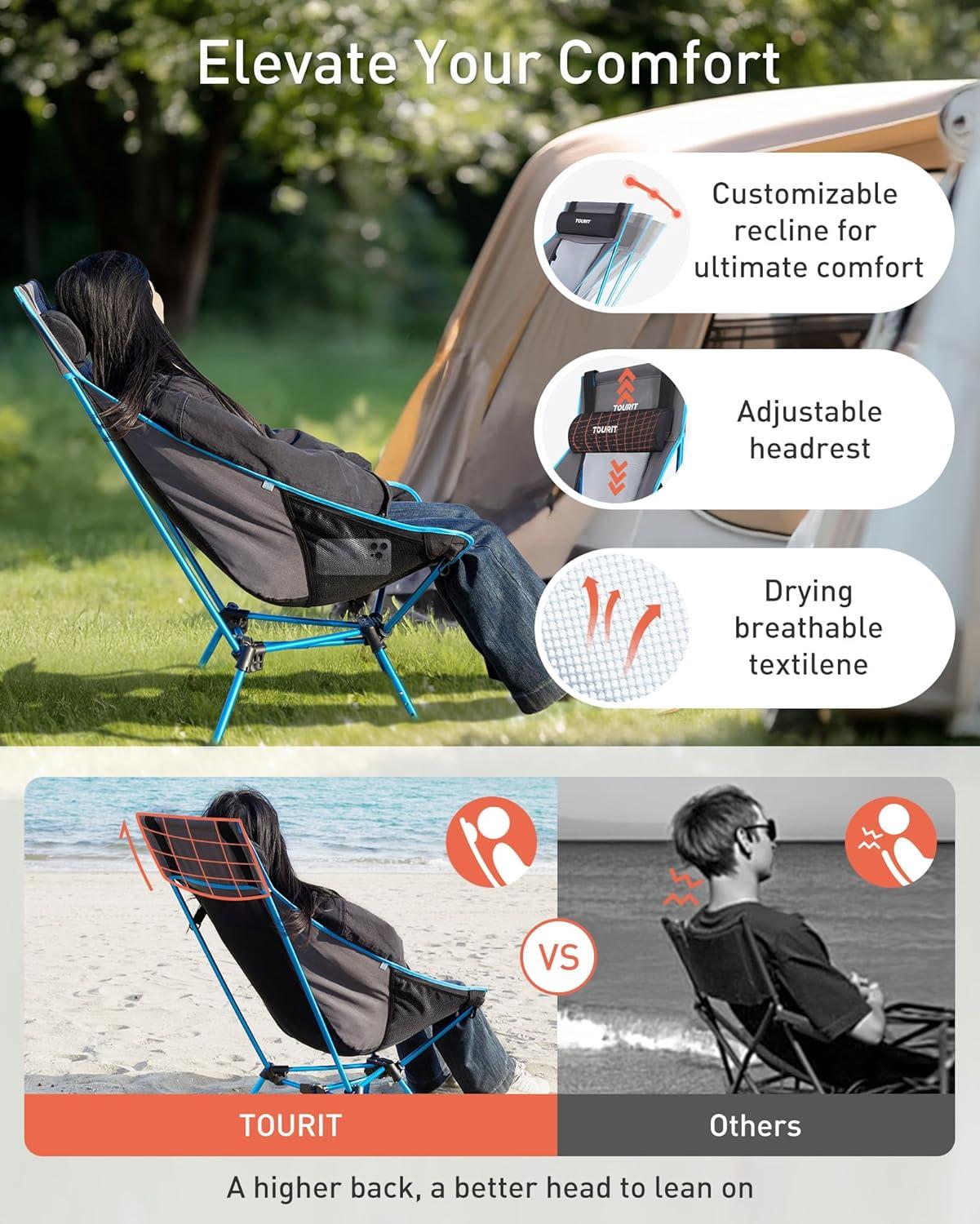imageTOURIT Portable Folding Camping Backpack Chair with Head Support High Back Stable Compact Outdoor Chair for Beach Picnic Travel Hiking Supports 380 Lbs GreenBblack