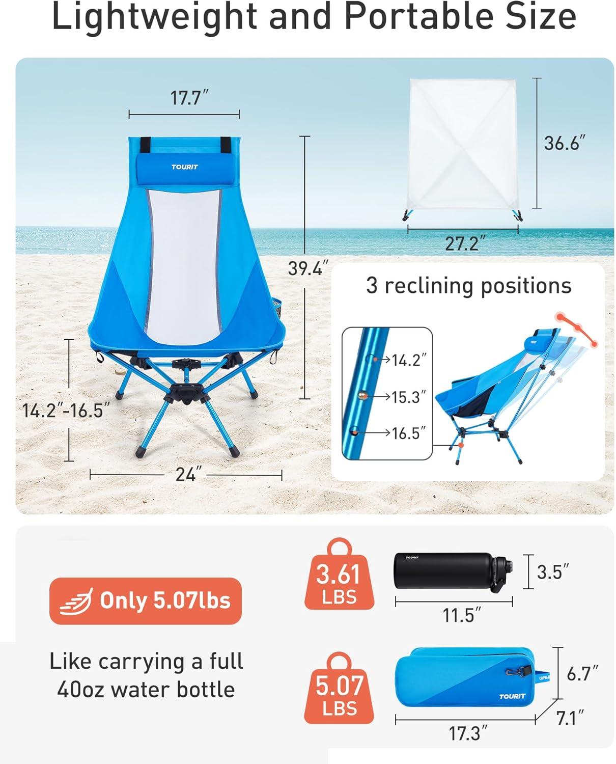 imageTOURIT Portable Folding Camping Backpack Chair with Head Support High Back Stable Compact Outdoor Chair for Beach Picnic Travel Hiking Supports 380 Lbs GreenDblueshade Canopy
