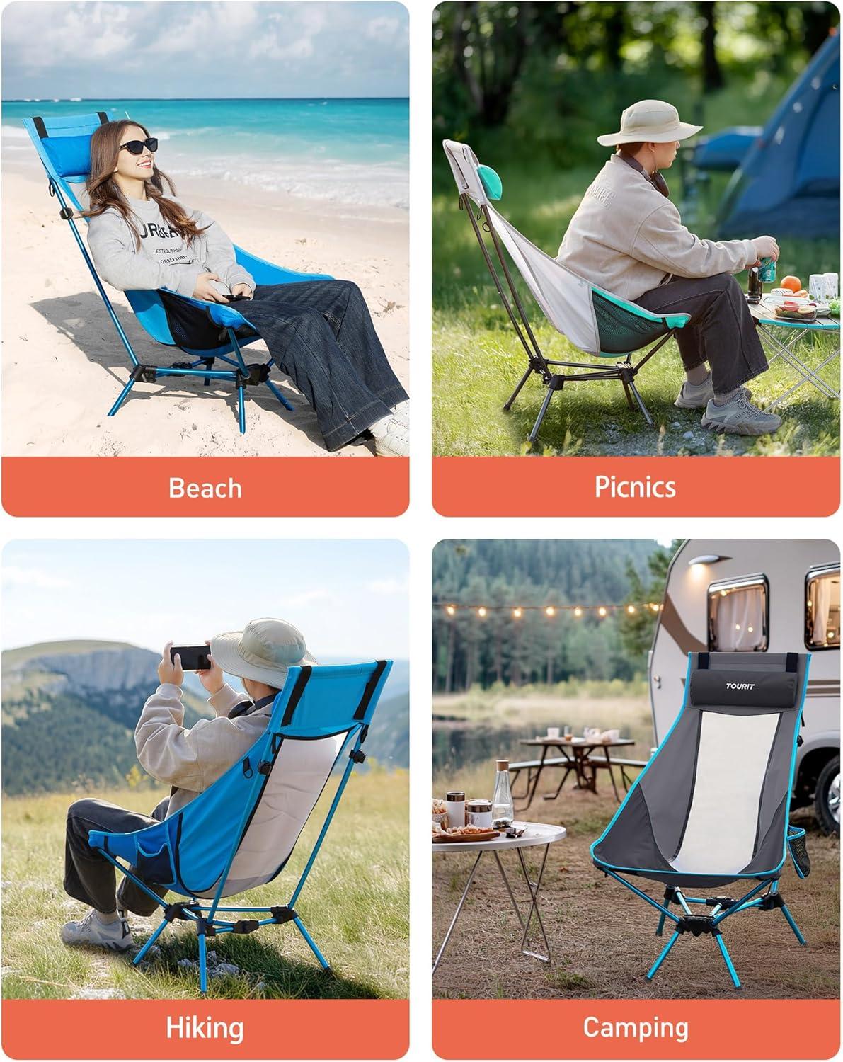 imageTOURIT Portable Folding Camping Backpack Chair with Head Support High Back Stable Compact Outdoor Chair for Beach Picnic Travel Hiking Supports 380 Lbs GreenBblack