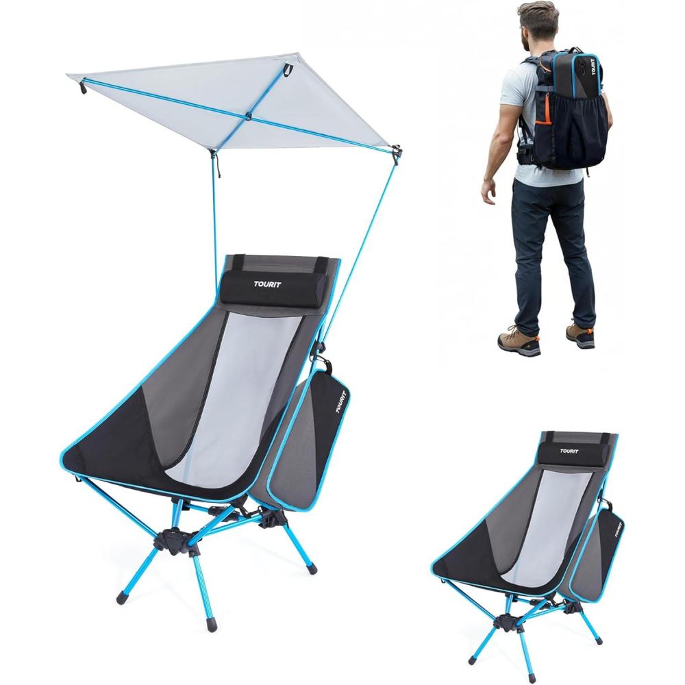 imageTOURIT Portable Folding Camping Backpack Chair with Head Support High Back Stable Compact Outdoor Chair for Beach Picnic Travel Hiking Supports 380 Lbs GreenEblackshade Canopy