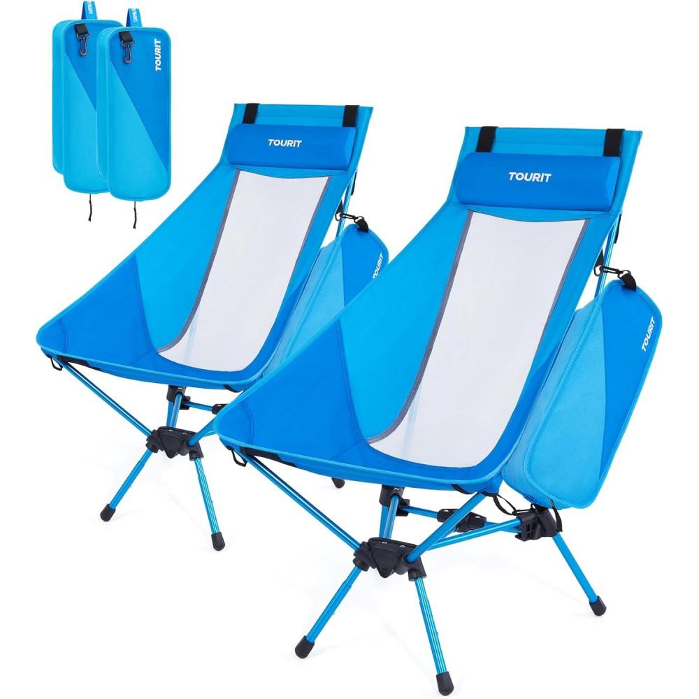 imageTOURIT Portable Folding Camping Backpack Chair with Head Support High Back Stable Compact Outdoor Chair for Beach Picnic Travel Hiking Supports 380 Lbs GreenFblue2 Pack