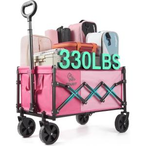 TOURIT Foldable Collapsible Wagon with All Terrain Wheels, Heavy Duty Portable Cart for Camping Beach Shopping, 330 lbs Capacity Utility Cart, Pink(Pink)