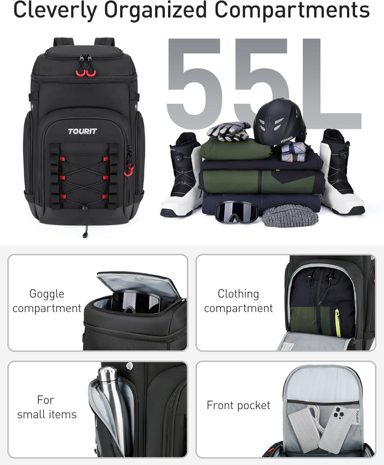 image:imageTOURIT Ski Boot Bag Snowboard Backpack 5560L Waterproof Unisex Helmet and Accessories Carrying Bag