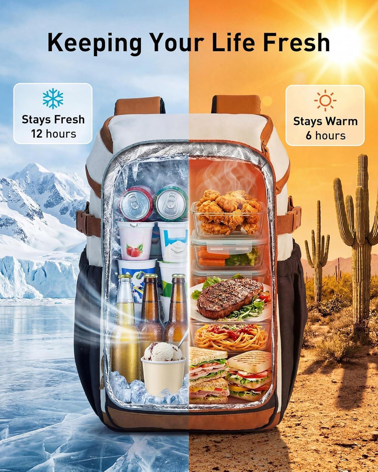 image:imageTOURIT Insulated Cooler Backpack 30 Cans Leakproof Double Deck Lunch Cooler Bag Lightweight Waterproof Backpack Cooler for Men Women Beach Camping Picnic Hiking TravelBrown