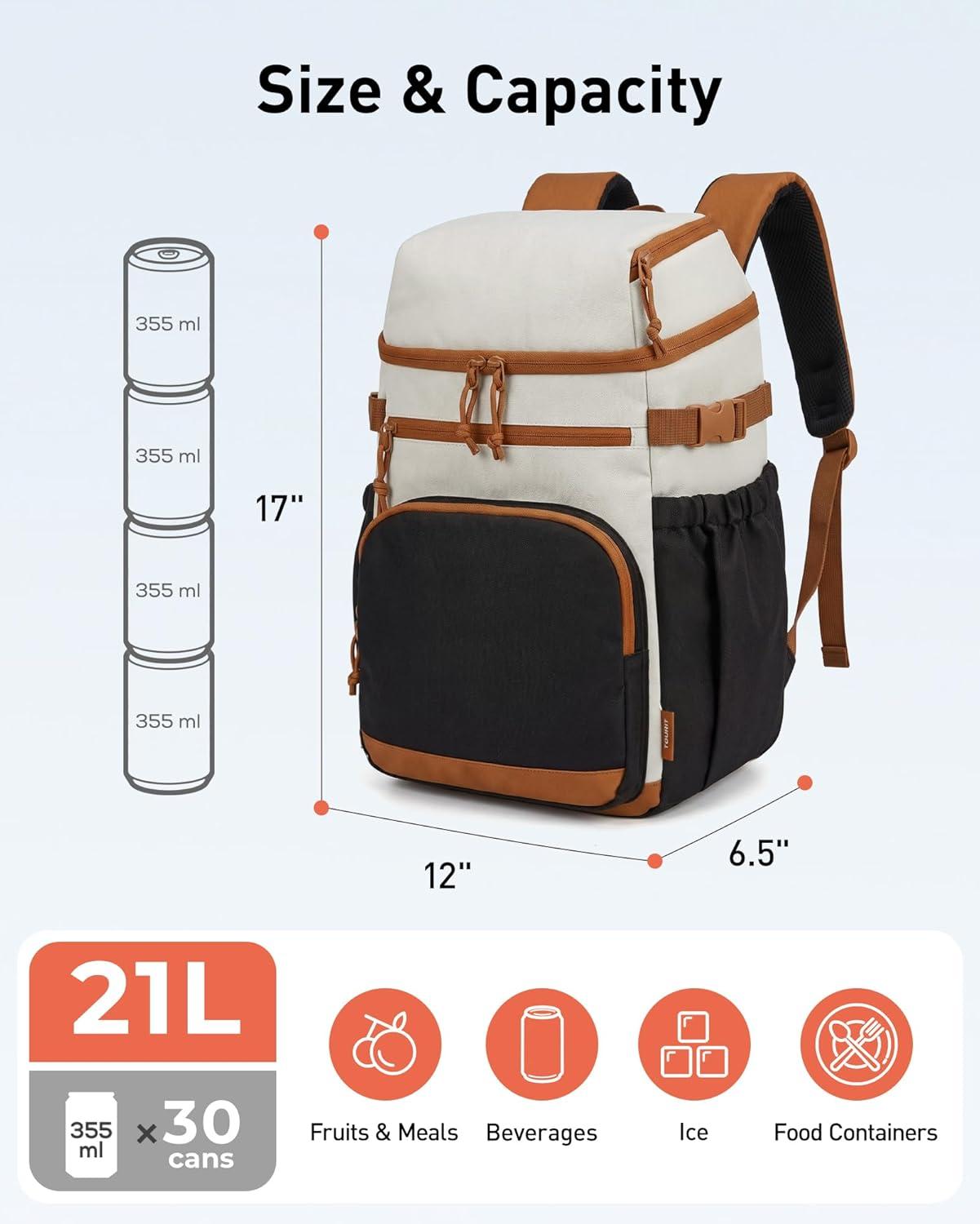 image:imageTOURIT Insulated Cooler Backpack 30 Cans Leakproof Double Deck Lunch Cooler Bag Lightweight Waterproof Backpack Cooler for Men Women Beach Camping Picnic Hiking TravelBrown
