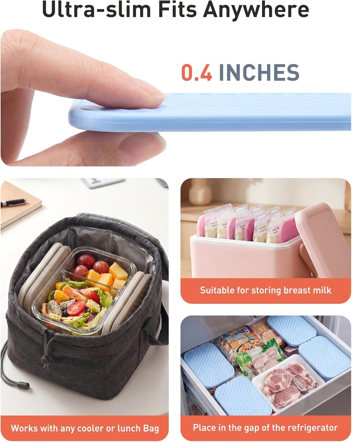 image:imageTOURIT Slim Ice Packs for Lunch Boxes and Coolers 4 Pack Reusable Lunch Box Cooler Ice Packs Long Lasting BPAFree NonToxic Freezer Packs for Lunch Bags Travel Picnic or CampingMorandi