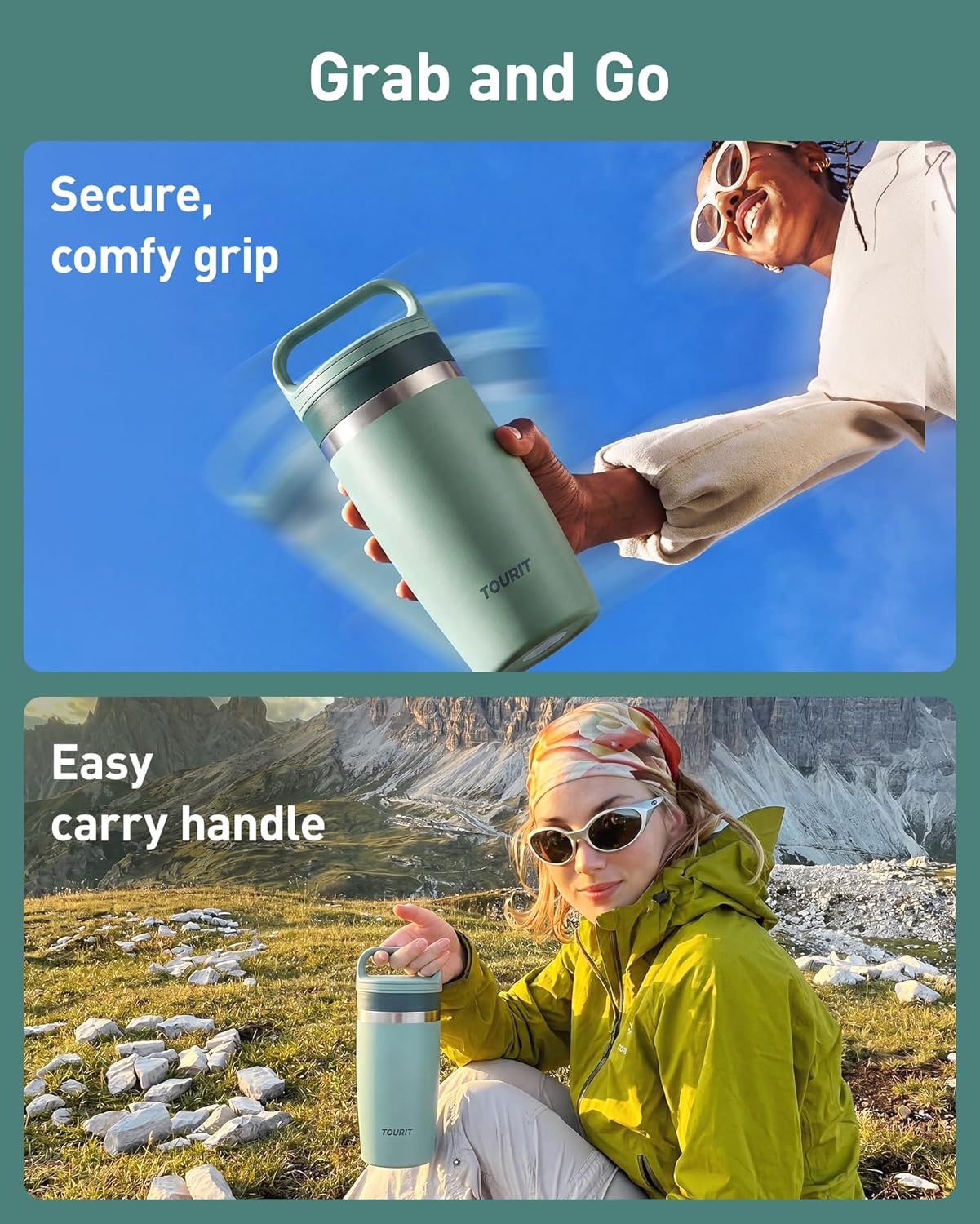 image:imageTOURIT Travel Coffee Mug 16 oz Leakproof 2Part Drink Lid Coffee Tumbler Cup Insulated Stainless Steel Travel Mug Dishwasher Safe Reusable Water Bottle BPAFree Coffee MugOffWhiteDark Green