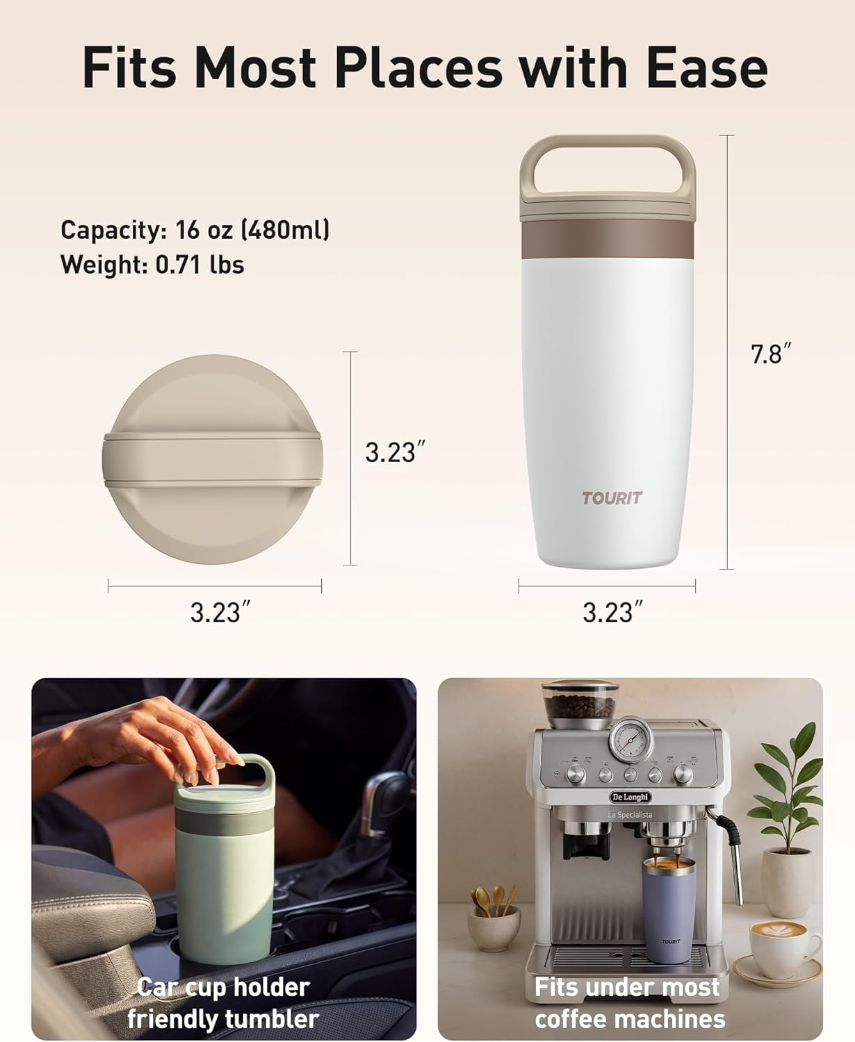 image:imageTOURIT Travel Coffee Mug 16 oz Leakproof 2Part Drink Lid Coffee Tumbler Cup Insulated Stainless Steel Travel Mug Dishwasher Safe Reusable Water Bottle BPAFree Coffee MugOffWhiteOffWhite