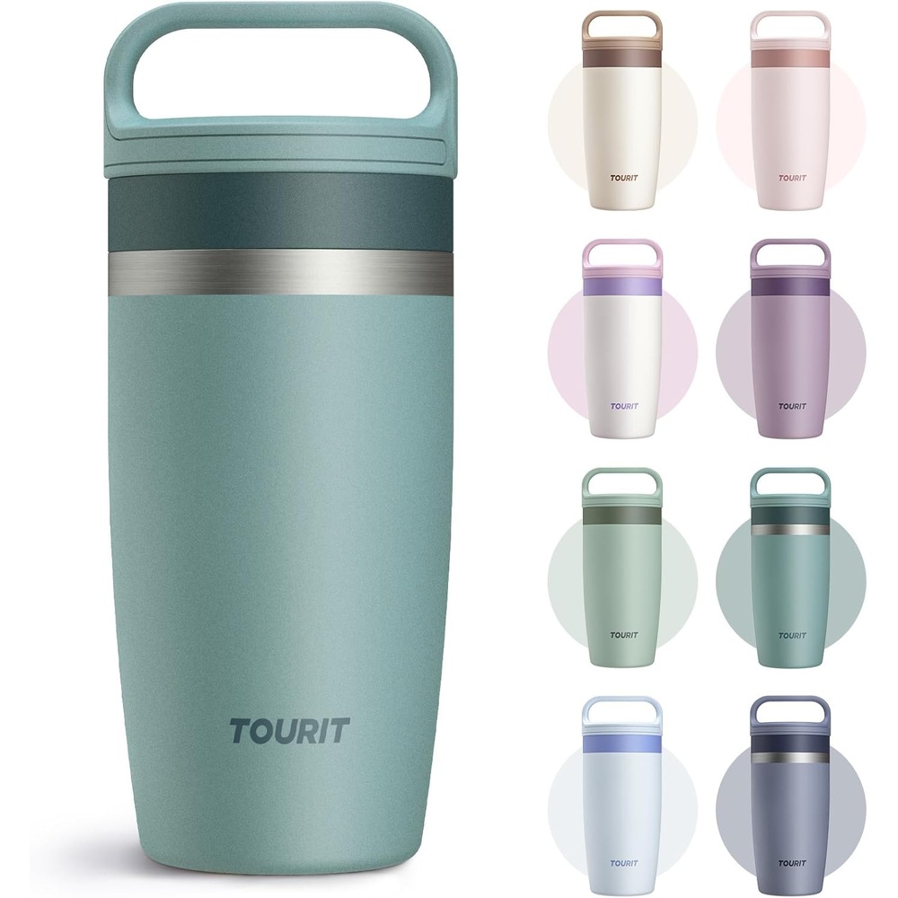 image:imageTOURIT Travel Coffee Mug 16 oz Leakproof 2Part Drink Lid Coffee Tumbler Cup Insulated Stainless Steel Travel Mug Dishwasher Safe Reusable Water Bottle BPAFree Coffee MugOffWhiteDark Green