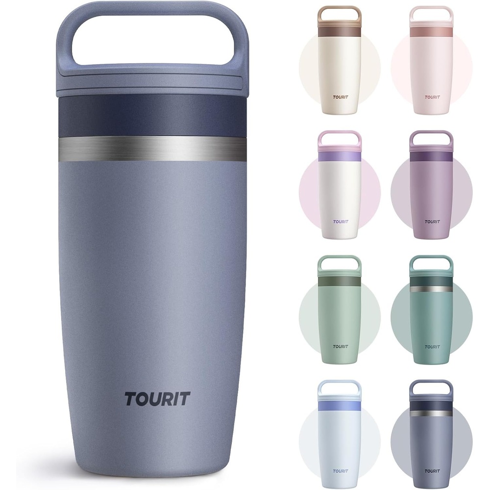 image:imageTOURIT Travel Coffee Mug 16 oz Leakproof 2Part Drink Lid Coffee Tumbler Cup Insulated Stainless Steel Travel Mug Dishwasher Safe Reusable Water Bottle BPAFree Coffee MugOffWhiteNavy Blue