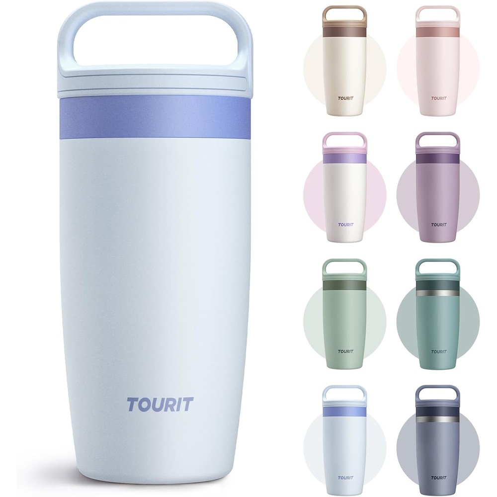image:imageTOURIT Travel Coffee Mug 16 oz Leakproof 2Part Drink Lid Coffee Tumbler Cup Insulated Stainless Steel Travel Mug Dishwasher Safe Reusable Water Bottle BPAFree Coffee MugOffWhiteSky Blue