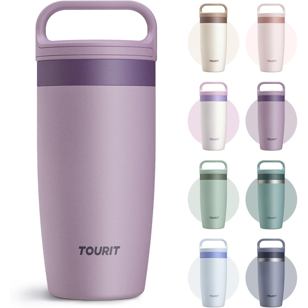 image:imageTOURIT Travel Coffee Mug 16 oz Leakproof 2Part Drink Lid Coffee Tumbler Cup Insulated Stainless Steel Travel Mug Dishwasher Safe Reusable Water Bottle BPAFree Coffee MugOffWhiteSmoky purple