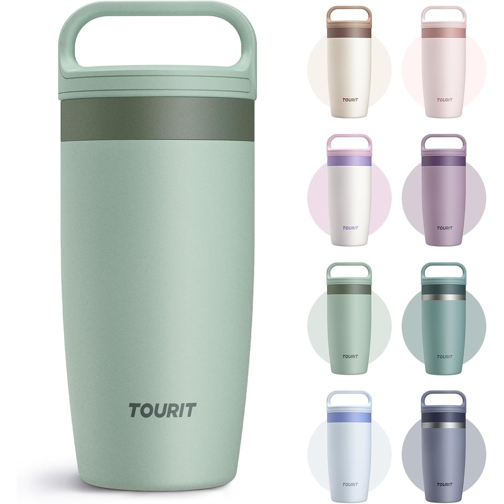 image:imageTOURIT Travel Coffee Mug 16 oz Leakproof 2Part Drink Lid Coffee Tumbler Cup Insulated Stainless Steel Travel Mug Dishwasher Safe Reusable Water Bottle BPAFree Coffee MugOffWhiteGrayish green