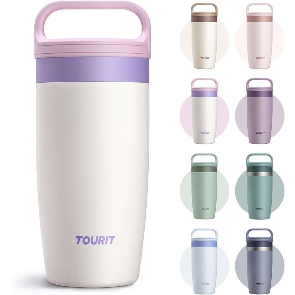 image:imageTOURIT Travel Coffee Mug 16 oz Leakproof 2Part Drink Lid Coffee Tumbler Cup Insulated Stainless Steel Travel Mug Dishwasher Safe Reusable Water Bottle BPAFree Coffee MugOffWhitePink